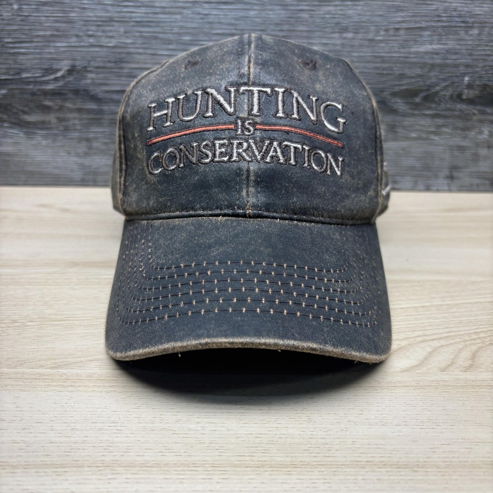 RMEF Hunting Is Conservation Hat Cap Strap Back Brown Distressed Faux Leather